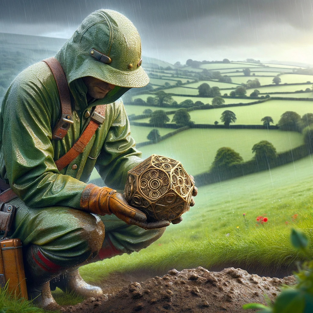 DALL·E 2024 01 29 19.12.12 A realistic image showing the discovery of a Roman Dodecahedron in the English countryside with the dodecahedron being approximately the size of a te