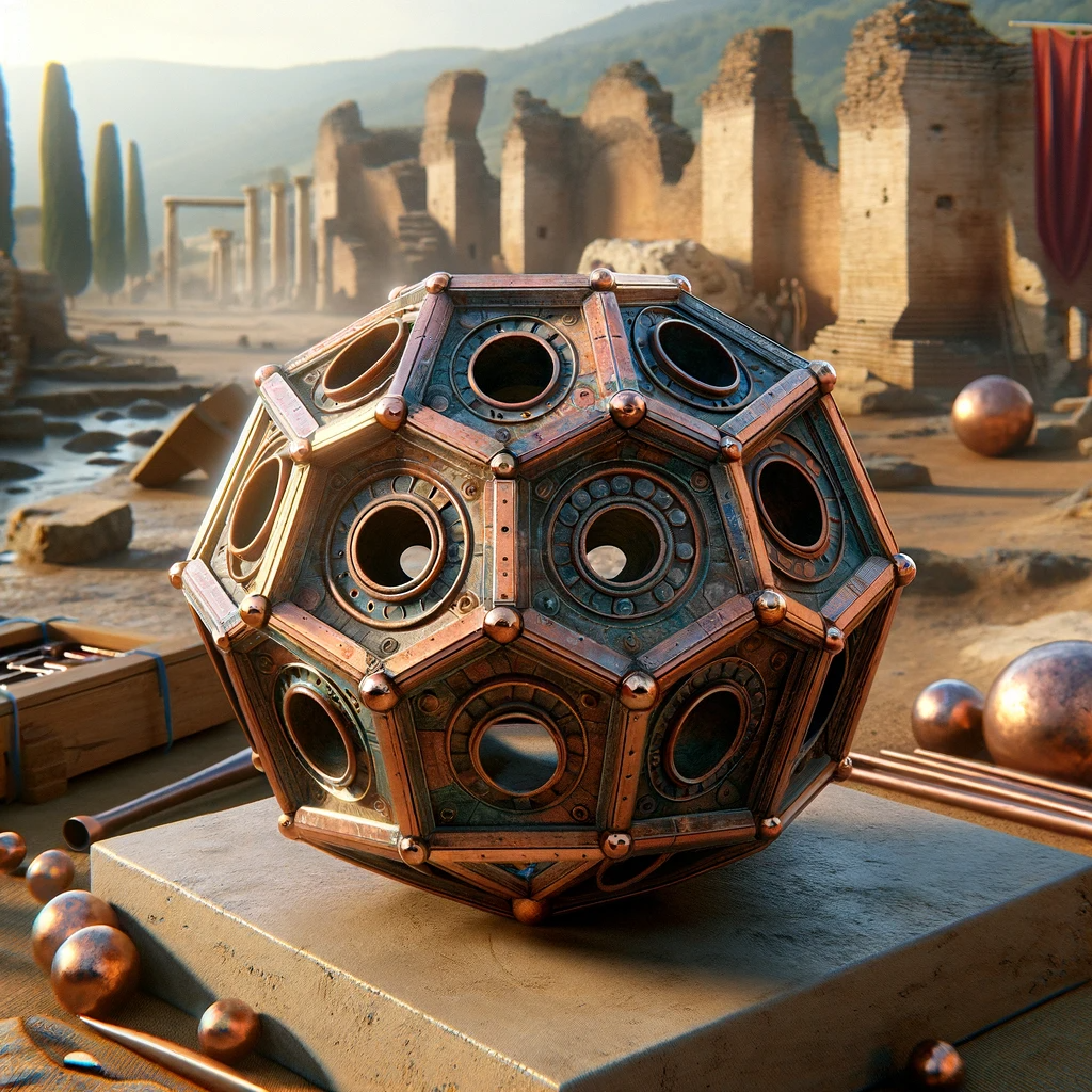 DALL·E 2024 01 30 10.54.55 A realistic image depicting a Roman Dodecahedron discovered at an archaeological site. The dodecahedron is made of copper alloy and is shown with twel